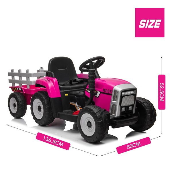 Kids Farm Tractor Electric Ride On Toys 2.4G R/C Remote Control Cars w/ Trailer Neon Pink