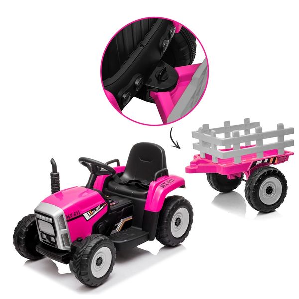 Kids Farm Tractor Electric Ride On Toys 2.4G R/C Remote Control Cars w/ Trailer Neon Pink