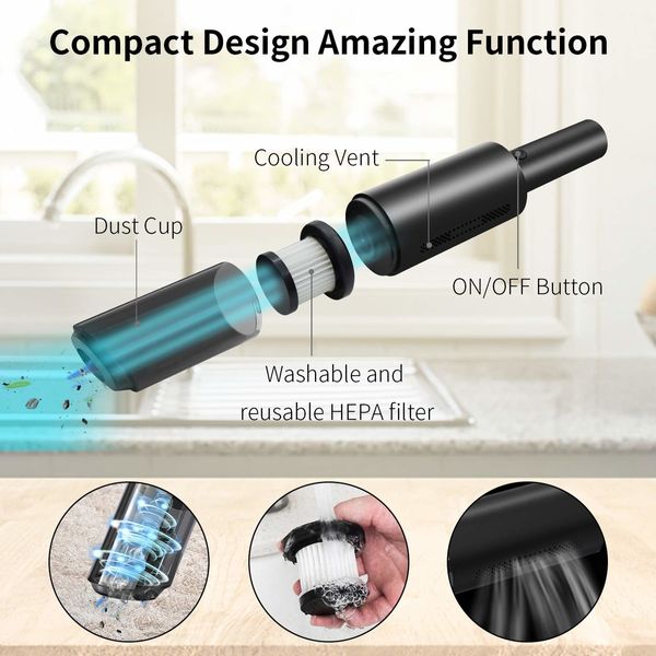 Cordless Mini Handheld Vacuum Cleaner with 6Kpa Powerful Cyclonic Suction, USB  Portable for Car, Home, Office, Pet Hair