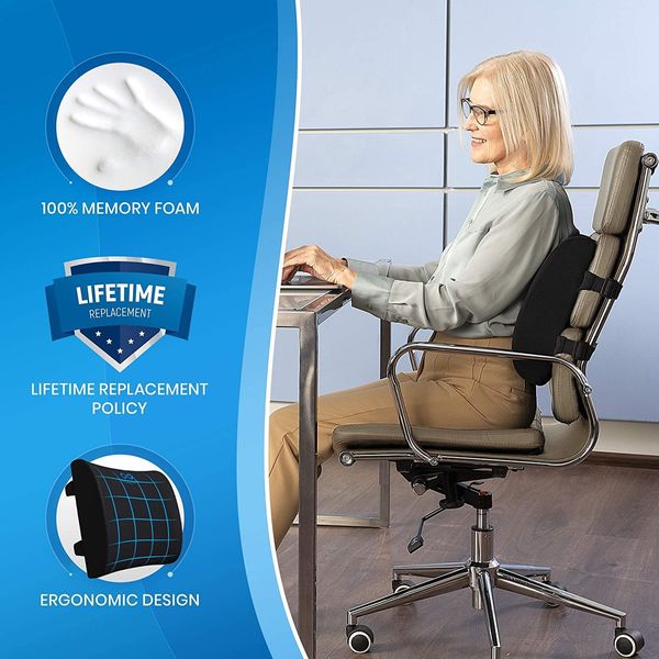 Comfort Lumbar Support Pillow for Office Chair - Pure Memory Foam Back Cushion for Car (Black)