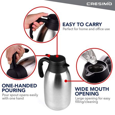 68 Oz Stainless Steel Thermal Coffee Carafe / Double Walled Vacuum Flask / 12 Hour Heat Retention / 2 Liter Tea, Water, and Coffee Dispenser