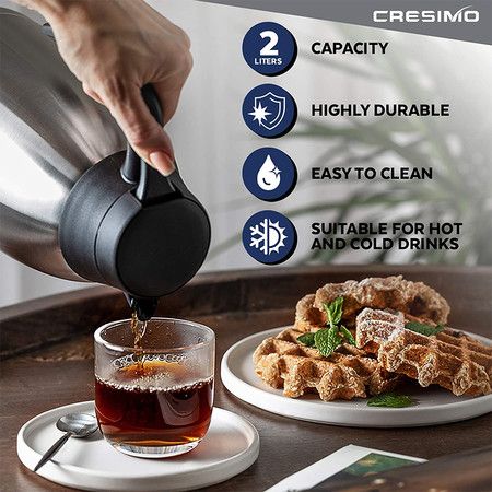 68 Oz Stainless Steel Thermal Coffee Carafe / Double Walled Vacuum Flask / 12 Hour Heat Retention / 2 Liter Tea, Water, and Coffee Dispenser