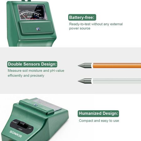 Soil pH Meter, MS02 3-in-1 Soil Moisture/Light/pH Tester Gardening Tool Kits for Plant Care (Green)