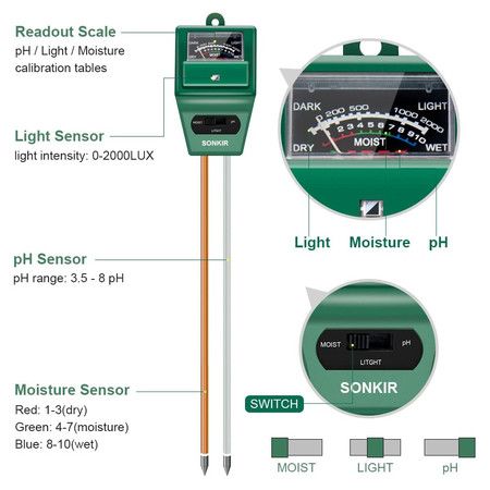 Soil pH Meter, MS02 3-in-1 Soil Moisture/Light/pH Tester Gardening Tool Kits for Plant Care (Green)