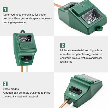 Soil pH Meter, MS02 3-in-1 Soil Moisture/Light/pH Tester Gardening Tool Kits for Plant Care (Green)