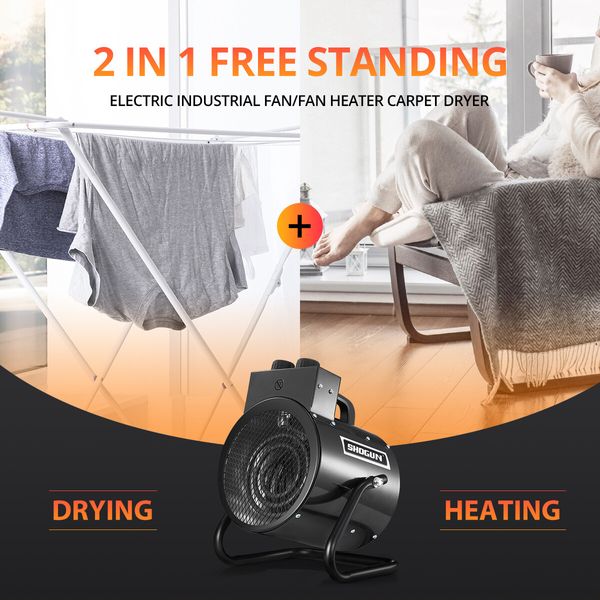 2 in 1 2000W Portable Electric Heater Industrial Fan Heater Freestanding Carpet Dryer with SAA Black