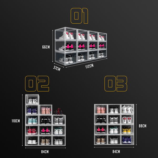 12PCS Shoe Storage Box Sneaker Display Cases ABS Plastic Boxes Stackable Organiser Transparent 