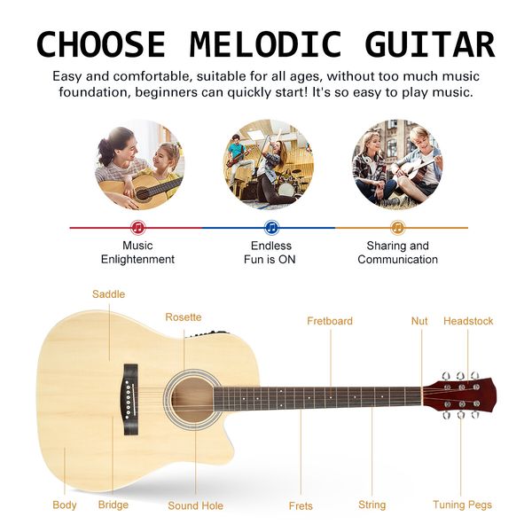 Melodic Acoustic Electric Guitar Wooden Folk 4 Band EQ Nature 41 Inch 