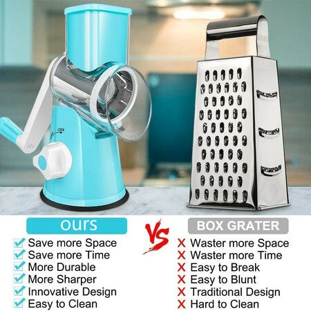 Graters for Kitchen,Cheese Grater Efficient Vegetable Slicer with 3 Interchangeable Round Stainless Steel Blades,Easy to Clean Rotary Cheese Grater