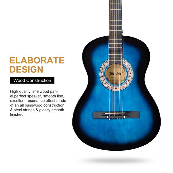 Melodic 38 Inch Round Acoustic Guitar Pack Classical Cutaway Blue