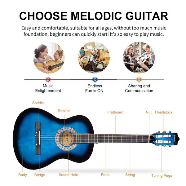 Melodic 38 Inch Round Acoustic Guitar Pack Classical Cutaway Blue