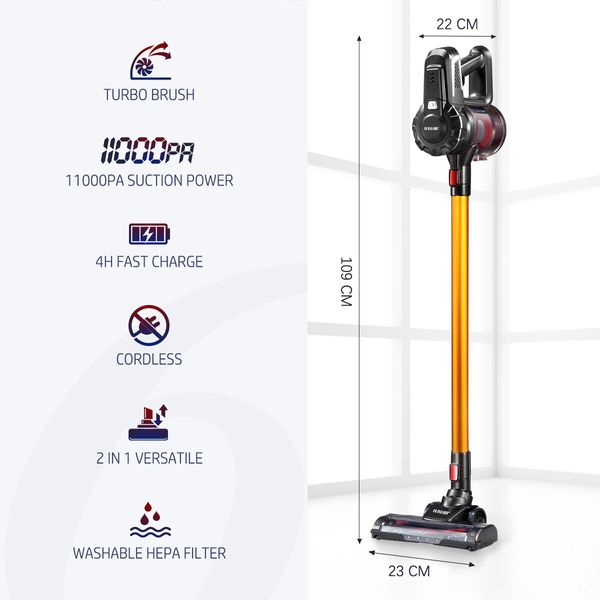 2-in-1 11kPa Cordless Vacuum Cleaner Stick Handheld Cleaning Machine 2 Speed HEPA Filter Golden