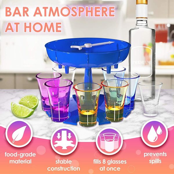 8 Shot Glass Dispenser and Holder Drink Dispenser Cocktail Dispenser Shot Glass Holder for Parties and Bars Shot Dispenser with 8 Colorful Glasses (Blue)