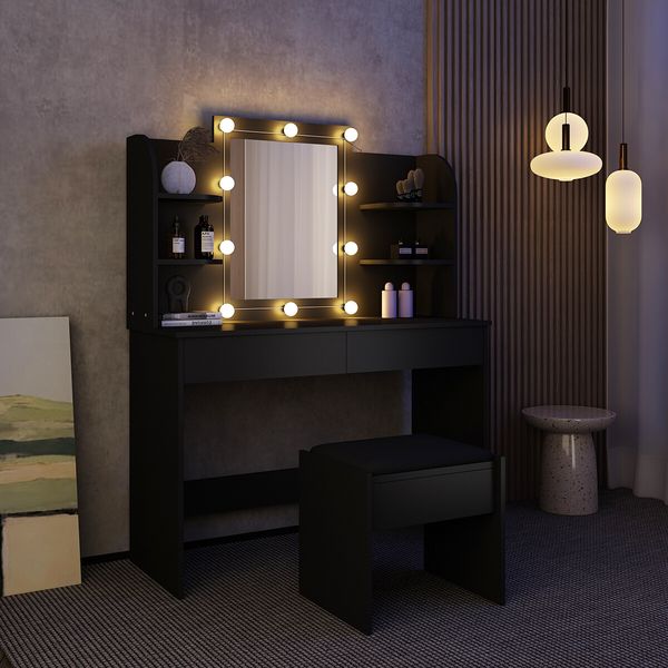 Modern Dressing Table Makeup Desk Vanity Table Stool Set with LED Lights Mirror Drawers-Black