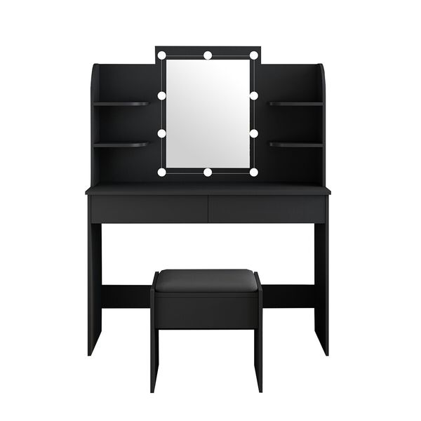 Modern Dressing Table Makeup Desk Vanity Table Stool Set with LED Lights Mirror Drawers-Black