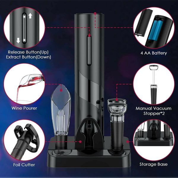 Electric Wine Opener Set, Automatic Wine Bottle Corkscrew Openers, Wine Pourer with Vacuum Wine Stoppers and Foil Cutter