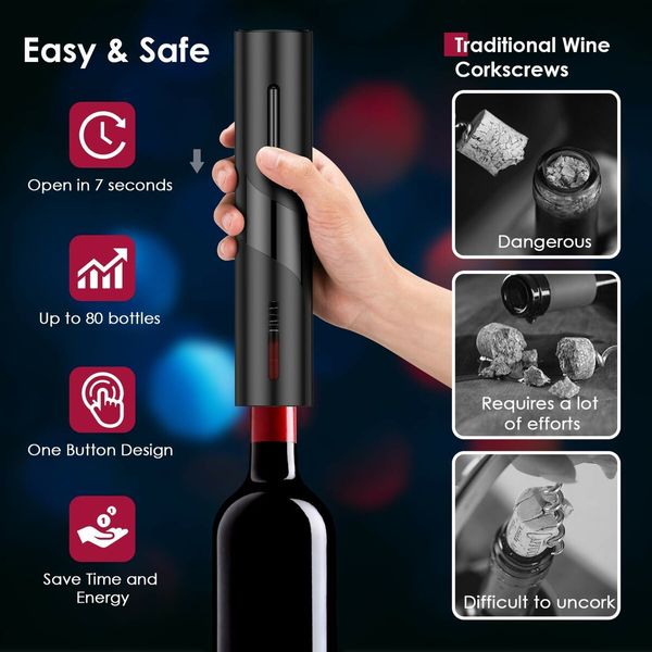 Electric Wine Opener Set, Automatic Wine Bottle Corkscrew Openers, Wine Pourer with Vacuum Wine Stoppers and Foil Cutter