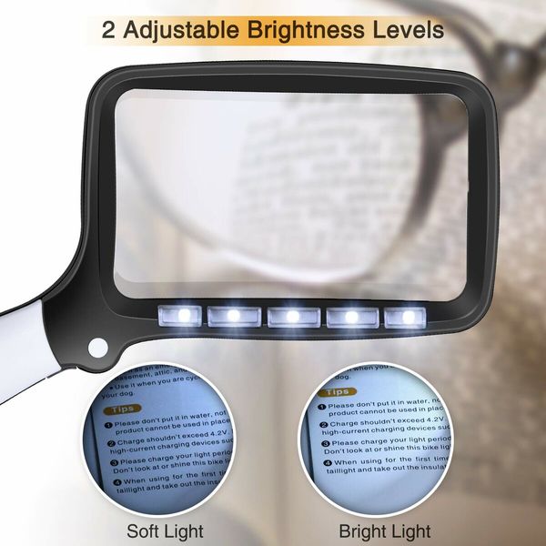 Folding Magnifying Glass with Light, 2X Magnified Glass 5 Dimmable LED Lighted  for Reading, Handheld Rectangular Magnifier for older people