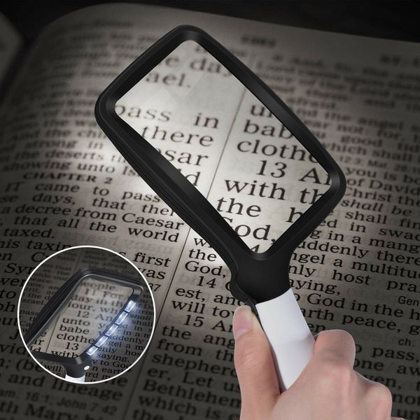 Folding Magnifying Glass with Light, 2X Magnified Glass 5 Dimmable LED Lighted  for Reading, Handheld Rectangular Magnifier for older people