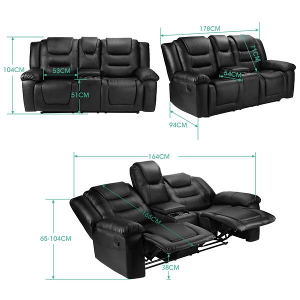 2 Seater Recliner Chair Lounge Sofa Black Leather Armchair Loveseat Home Living Room with Cup Holders