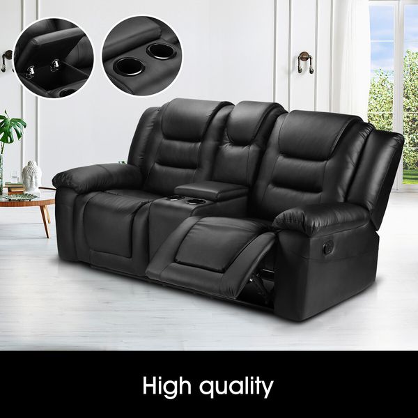 2 Seater Recliner Chair Lounge Sofa Black Leather Armchair Loveseat Home Living Room with Cup Holders