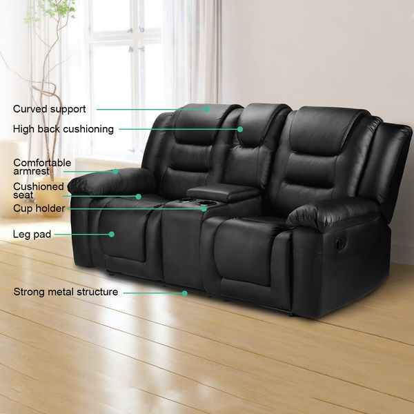 2 Seater Recliner Chair Lounge Sofa Black Leather Armchair Loveseat Home Living Room with Cup Holders