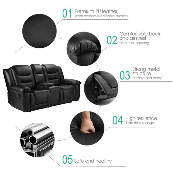 2 Seater Recliner Chair Lounge Sofa Black Leather Armchair Loveseat Home Living Room with Cup Holders