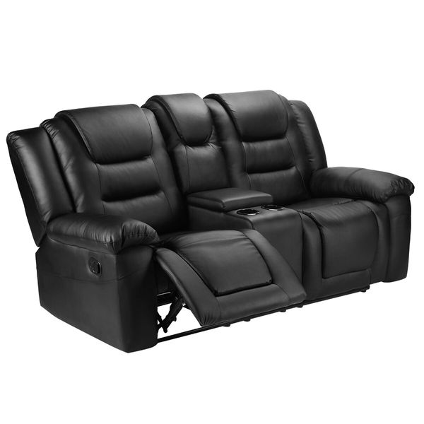 2 Seater Recliner Chair Lounge Sofa Black Leather Armchair Loveseat Home Living Room with Cup Holders