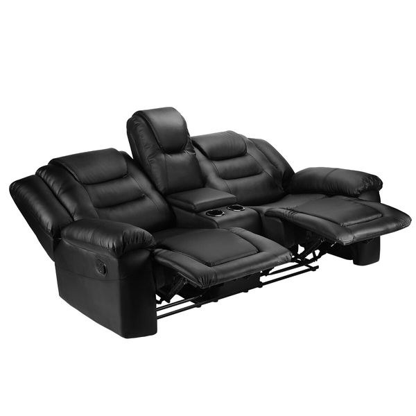 2 Seater Recliner Chair Lounge Sofa Black Leather Armchair Loveseat Home Living Room with Cup Holders