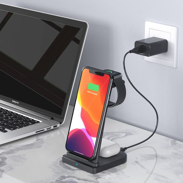 Foldable 3-in-1 Wireless Charger Stand Charging Station for Apple and Samsung Phone, iWatch and AirPods Black