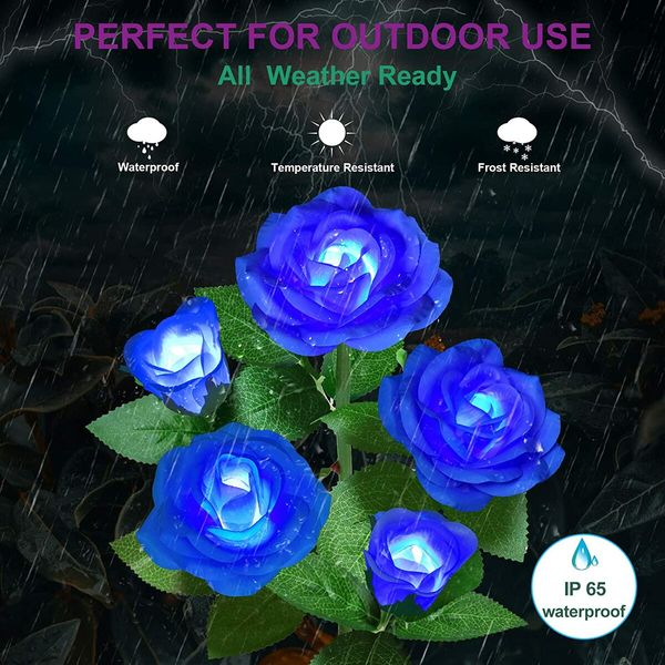 Realistic LED Solar Powered Rose Lights Flower Stake, Waterproof Solar Decorative Lights for Patio Pathway Courtyard Garden Lawn (Blue)