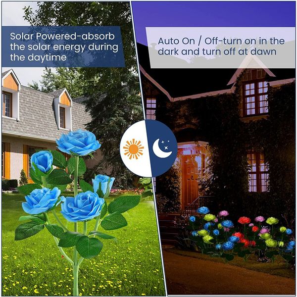 Realistic LED Solar Powered Rose Lights Flower Stake, Waterproof Solar Decorative Lights for Patio Pathway Courtyard Garden Lawn (Blue)