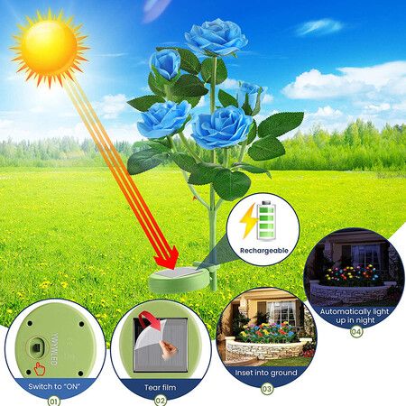 Realistic LED Solar Powered Rose Lights Flower Stake, Waterproof Solar Decorative Lights for Patio Pathway Courtyard Garden Lawn (Blue)