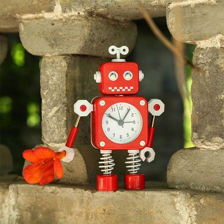 Robot Alarm Clock,Stainless Metal Non-Ticking Wake-up Clock with Flashing Eye Lights and Rotating Arm,Gift to Children (Red)