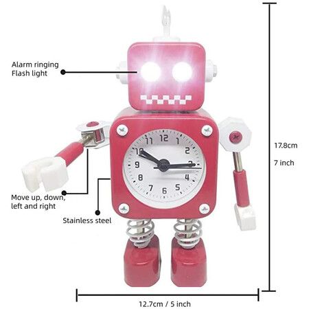 Robot Alarm Clock,Stainless Metal Non-Ticking Wake-up Clock with Flashing Eye Lights and Rotating Arm,Gift to Children (Red)