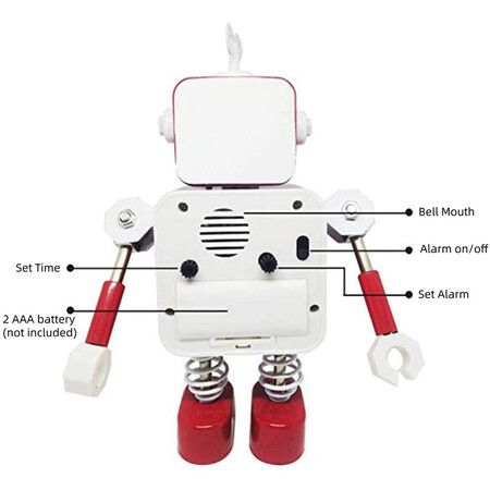 Robot Alarm Clock,Stainless Metal Non-Ticking Wake-up Clock with Flashing Eye Lights and Rotating Arm,Gift to Children (Red)