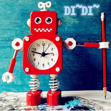 Robot Alarm Clock,Stainless Metal Non-Ticking Wake-up Clock with Flashing Eye Lights and Rotating Arm,Gift to Children (Red)