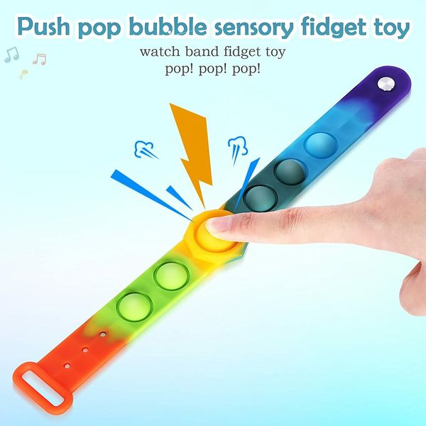 Stress Relief Wristband Fidget Toys, Wearable Push Pop Bubble Sensory Fidget Hand Finger Press Silicone Bracelet Toy for Kids and Adults Anxiety ADHD ADD Autism (watchband-Rainbow)