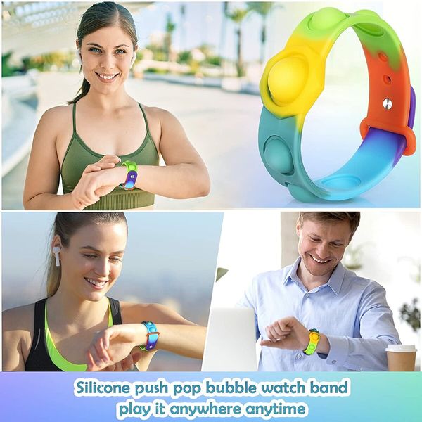 Stress Relief Wristband Fidget Toys, Wearable Push Pop Bubble Sensory Fidget Hand Finger Press Silicone Bracelet Toy for Kids and Adults Anxiety ADHD ADD Autism (watchband-Rainbow)