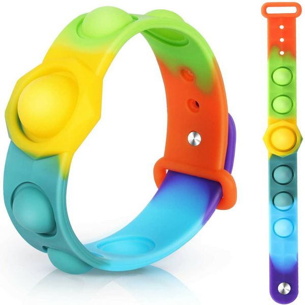 Stress Relief Wristband Fidget Toys, Wearable Push Pop Bubble Sensory Fidget Hand Finger Press Silicone Bracelet Toy for Kids and Adults Anxiety ADHD ADD Autism (watchband-Rainbow)