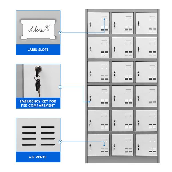 18 Doors Metal Steel Locker Gym Office School Home Stationary Storage Cabinet White