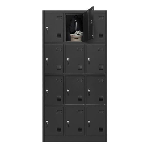 12 Doors Steel Locker Gym Office School Home Stationary Storage Cabinet Black