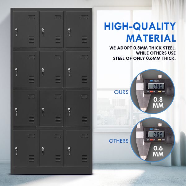 12 Doors Steel Locker Gym Office School Home Stationary Storage Cabinet Black