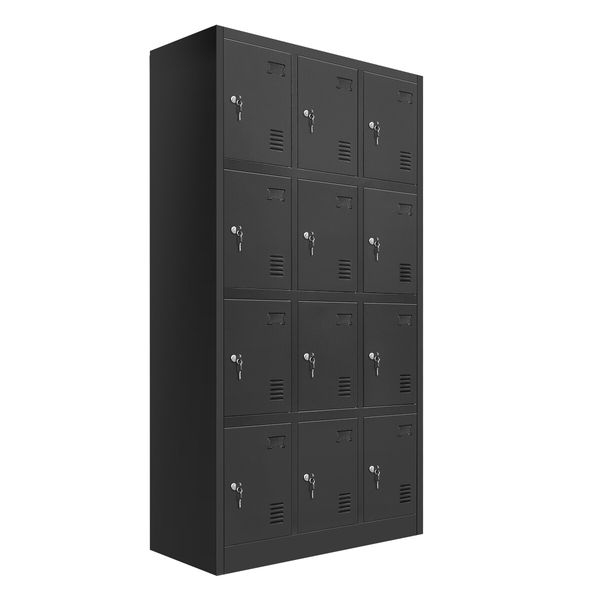 12 Doors Steel Locker Gym Office School Home Stationary Storage Cabinet Black