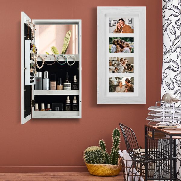 Mirrored Lockable Wall Hanging Jewellery Cabinet Organizer Earrings Necklace Holder with Photo Frames-White