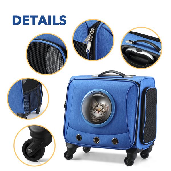 Petscene Rolling Portable Dog Cat Travel Carrier Bag Case Suitcase Blue 40x37x25CM