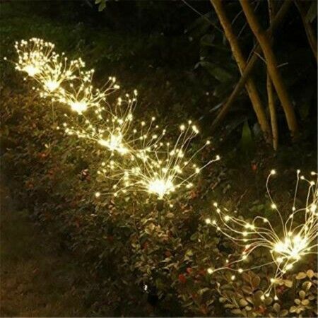 2 Pack 120LED 8 Modes Solar  Firework Lights Plug in Ground Starburst Col.Warm White