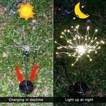 2 Pack 120LED 8 Modes Solar  Firework Lights Plug in Ground Starburst Col.Warm White