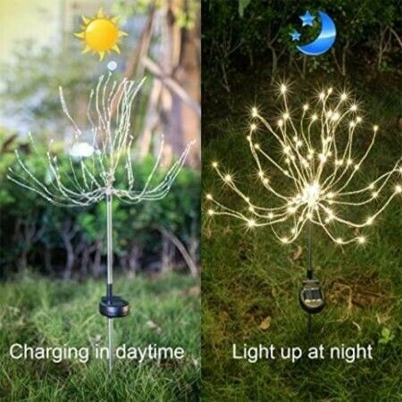 2 Pack 120LED 8 Modes Solar  Firework Lights Plug in Ground Starburst Col.Warm White