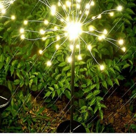 2 Pack 120LED 8 Modes Solar  Firework Lights Plug in Ground Starburst Col.Warm White